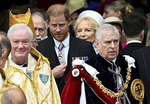 Britain's Prince Harry and Prince Andrew leave Westminster Abbey following the coronation ceremony of Britain's King Charles and Queen Camilla, in London, May 6, 2023. (Photo | AP)