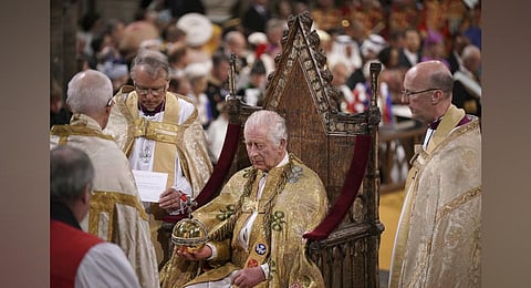Britain's King Charles III during the ceremony of the coronation of King Charles III and Camilla, the Queen Consort, at Westminster Abbey (Photo | PTI)