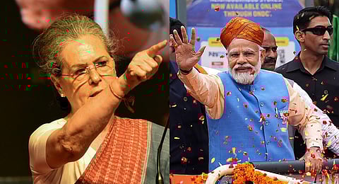 A collage of Congress leader Sonia Gandhi (L) and Prime Minister Narendra Modi campaigning for the state assembly elections in Karnataka. (Photo | PTI)