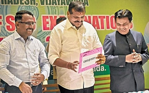 Minister for Education Botcha Satyanarayana, along with officials, releases SSC examination results in Vijayawada on Saturday | Prasant Madugula