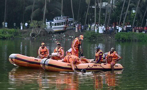 The boat had capsized near an estuary close to the Thoovaltheeram beach in the Tanur area around 7:30 pm on Sunday. (Photo | E Gokul, EPS)