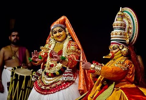 Higher education minister R Bindhu performing as Damayanti of Nalacharitham kathakali at Irinjalakkuda koodalmanikyam temple (Photo | EPS)