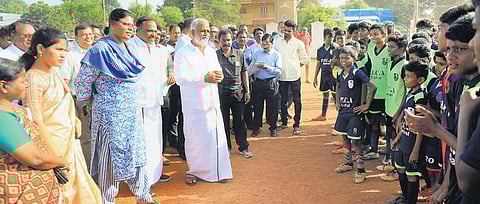 Minister PK Sekarbabu inspecting a football ground in Madhavaram constituency, which is being renovated at the cost of `1.5 crore | Express