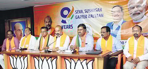 BJP State president Bandi Sanjay addresses a press conference in Hyderabad on Wednesday.