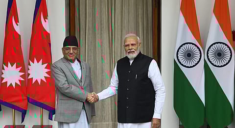 Prime Minister Narendra Modi with Prime Minister of Nepal Pushpa Kamal Dahal 'Prachanda' before their meeting, at the Hyderabad House in New Delhi. (Photo | Shekhar Yadav, EPS)