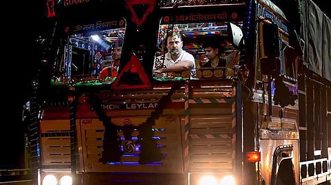 Rahul Gandhi takes truck ride. (Photo | PTI)