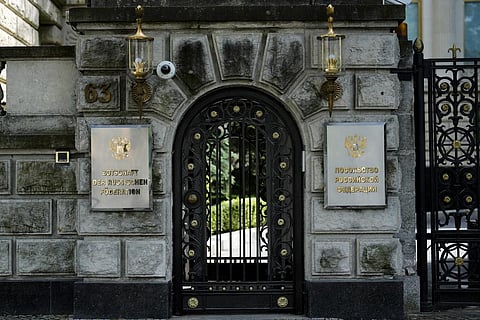 An entrance of the Russian embassy is closed in Berlin, Germany. (Photo | AP)