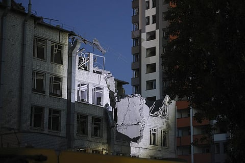 A building damaged by a drone, that was shot down during a Russian overnight strike, in Kyiv, Ukraine.