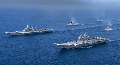 The twin carrier operation conducted using INS Vikramaditya and INS Vikrant (Photo | Twitter)