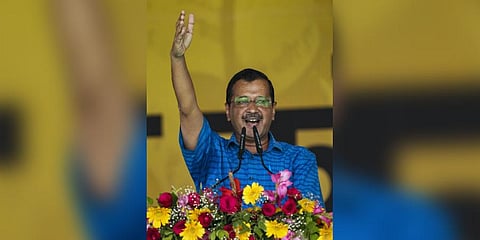 Delhi Chief Minister Arvind Kejriwal addresses AAP's 'Maha Rally' at the Ramlila Maidan in New Delhi (Photo | PTI)
