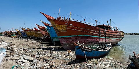Fishing boats docked ahead of Cyclone Biparjoy, at a harbour in Jakhau village of Kutch, Gujarat, June 11, 2023. (Photo | PTI)