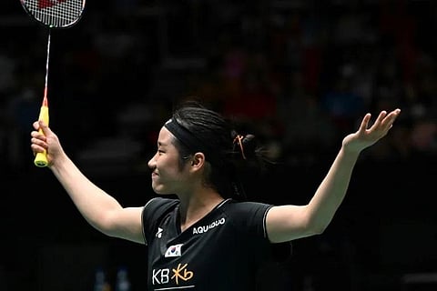 An Se-young of South Korea gestures after defeating Akane Yamaguchi of Japan. (Photo | AFP)