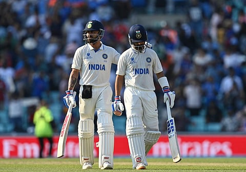 India's Virat Kohli and Ajinkya Rahane on day 4 of the World Test Championship final against Australia at the Oval in London on Saturday. (Photo | AFP)
