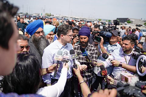 Pierre Poilievre, Canada's opposition leader, speaks to the media after meeting with the families of students facing deportation. (Photo | Twitter @PierrePoilievre)