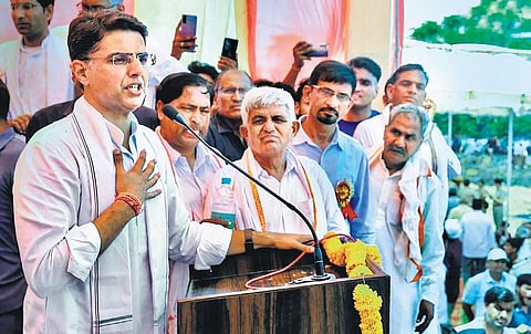 Congress leader Sachin Pilot addresses the public after the unveiling of his father Rajesh Pilot’s statue in Dausa on Sunday. (Photo | PTI)