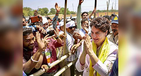 Congress General Secretary Priyanka Gandhi Vadra during a public meeting, in Jabalpur, Monday, June 12, 2023. (Photo | PTI)