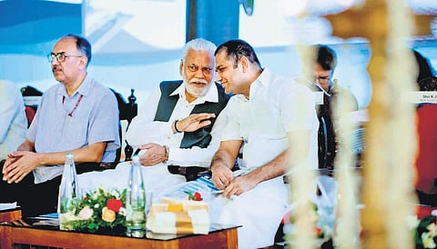 Union Minister for Fisheries Parshottam Rupala interacting with MP Hibi Eden during the foundation stone laying ceremony of Cochin Fisheries Harbour on Sunday