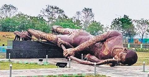 The hockey player’s statue lying on the ground after the thunderstorm on Sunday | Express