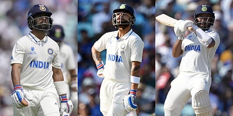 (From L to R) A collage of India's middle-order batters Ajinkya Rahane, Virat Kohli and Cheteshwar Pujara during the World Test Championship final against Australia at the Oval. (Photo | AP)