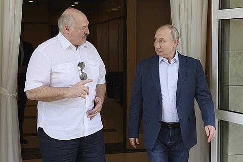 Russian President Vladimir Putin (L) and Belarusian President Alexander Lukashenko speak during their meeting in Sochi, Russia, June 9, 2023. (Photo | AP)