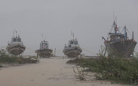 Heavy Rain at Jakhau port ahead of the landfall of Biparjoy cyclone, in Kutch district, Tuesday, June 12, 2023. (Photo | PTI)