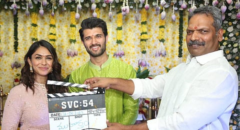 Vijay Deverakonda and Mrunal Thakur during the Pooja Ceremony of their upcoming movie. (Photo | Sri Venkateswara Creations Twitter)