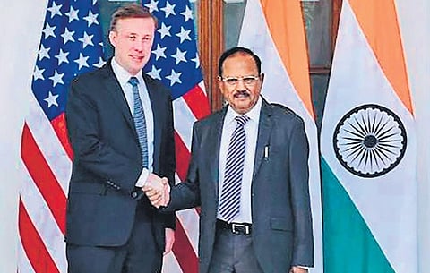 National Security Advisor Ajit Doval and his US counterpart Jake Sullivan at a meeting in New Delhi on Tuesday. (Photo | PTI)