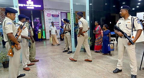 Rapid Action Force (RAF) personnel stand guard at Omandurar government hospital where Tamil Nadu Electricity Minister V Senthil Balaji was admitted.(Photo | PTI)