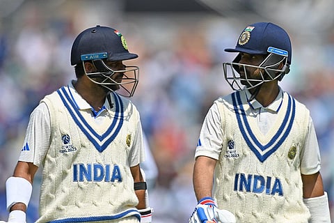 India's Ajinkya Rahane and Shardul Thakur during day three of the World Test Championship Final against Australia. (Photo | AP)