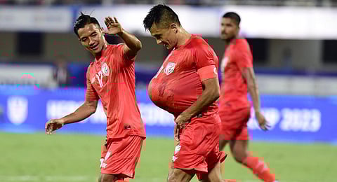 Indian captain Sunil Chhetri scored his 86th international goal against Vanuatu on Monday. (Photo | Indian Football Team Twitter)
