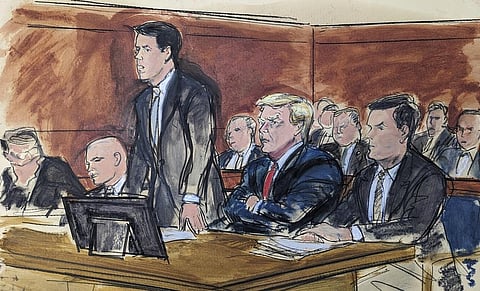 In this courtroom sketch, Donald Trump's attorney enters a plea of not guilty on behalf of the former US President in a federal court in Miami, on June 13, 2023. (Photo | AP)
