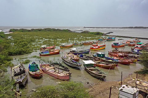 An aerial view of fishing boats anchored outside Mandvi port ahead of Cyclone Biparjoy's landfall, in Kutch district, Wednesday, June 14, 2023. (Photo | PTI)