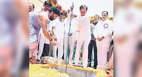 Chief Minister K Chandrasekhar Rao lays the foundation stone for the 2,000-bed ‘Dashabdi’ block at NIMS on Wednesday.