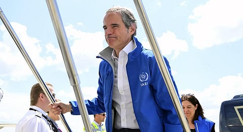 International Atomic Energy Agency (IAEA) Chief Rafael Grossi as he boards an airplane for a visit to the Zaporizhzhia nuclear power plant in Energodar, Ukraine. (Photo | AFP)