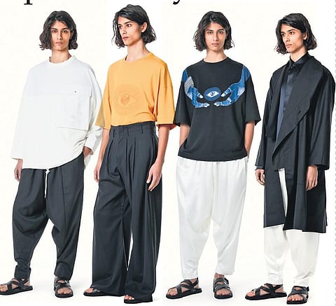 (From left) Giant pocket sweatshirt; Bollywood trousers; Giving mudra T-shirt; Robe coat