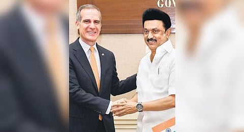 US Ambassador to India Eric Garcetti calling on CM MK Stalin at the secretariat on Friday | Express