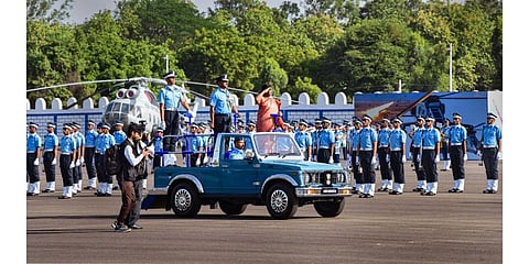 : President Droupadi Murmu reviews the Combined Graduation Parade at the Air Force Academy, in Dundigal, Telangana. (Photo | PTI)