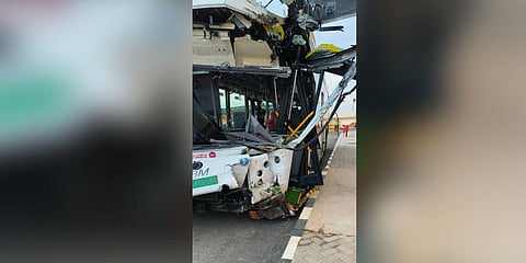The shuttle bus which crashed into a pillar at kempagowda international airport in Bengaluru on June 18, 2023. (Photo |Special arrangement)