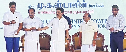 Chief Minister M K Stalin laying the foundation for fintech city and fintech tower near Chennai Trade Centre on Saturday | Ashwin Prasath