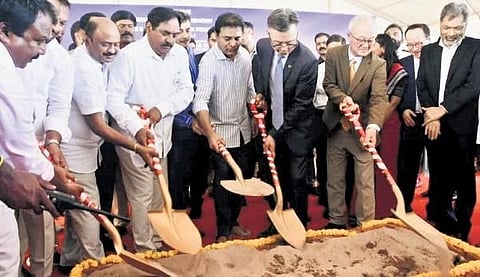 Industries Minister KT Rama Rao lays the foundation stone for the Youngone, Evertop Textile and Apparel Complex Pvt Ltd at the Kakatiya Mega Textile Park (KMTP) in Warangal on Saturday