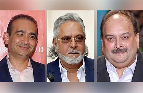 Left to right: Nirav Modi, Vijay Mallya,and Mehul Choksi. (File photo| AP and PTI)