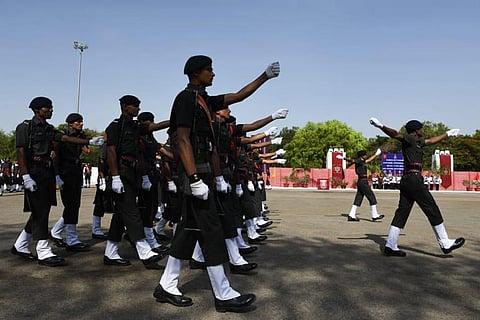 The first batch of Agniveer graduates perform the passing out parade at the 1 EME Centre in Secunderabad. (Photo | Sri Loganathan Velmurugan)