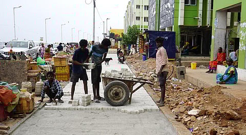 Work underway at Nochikuppam along Loop Road on Saturday. (Photo | R Krishnaraj, EPS)