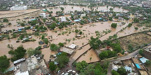 An aerial view of a flooded area after heavy rainfall caused by cyclone Biparjoy, in Sanchore, Sunday, June 18, 2023. (Photo | PTI)