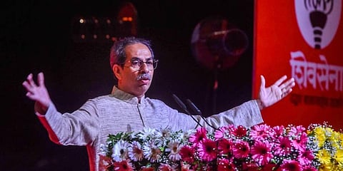 Shiv Sena (UBT) chief Uddhav Thackeray addresses the statewide office bearers camp at Worli, in Mumbai, Sunday, June 18, 2023. (Photo | PTI)