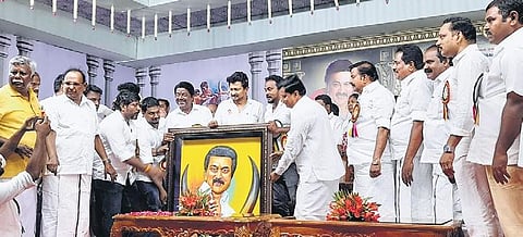 Sports Minister Udhayanidhi Stalin taking part in a thanksgiving function organised for Chief Minister MK Stalin in Pudukkottai on Sunday | Express