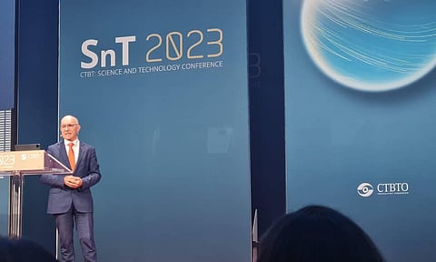 CTBTO Executive Secretary Dr Robert Floyd addresses the gathering at SnT in Vienna.(Photo | EPS)