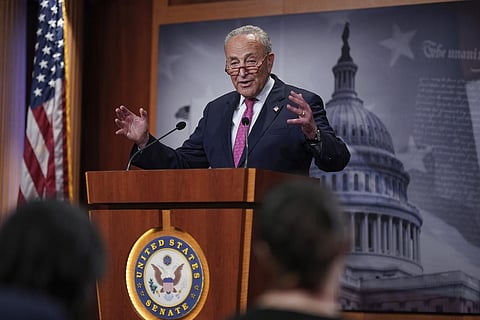 Senate Majority Leader Chuck Schumer, D-N.Y., speaks to reporters after a hectic series of amendment votes and final passage on the big debt ceiling and budget cuts package. (Photo | AP)