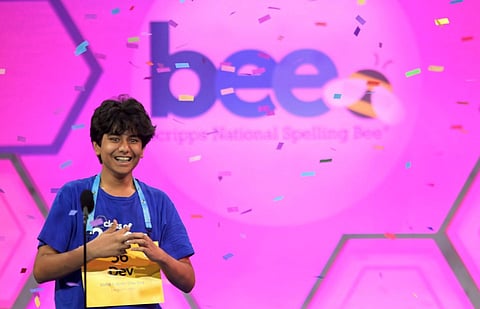 Dev Shah, 14, reacts as he wins the Scripps National Spelling Bee finals, in Oxon Hill, Maryland, USA. (Photo | PTI)