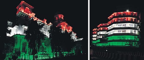 Telangana State Assembly and BRKR Bhavan illuminated in national colours on the eve of the State Formation Day in Hyderabad on Thursday | Vinay Madapu